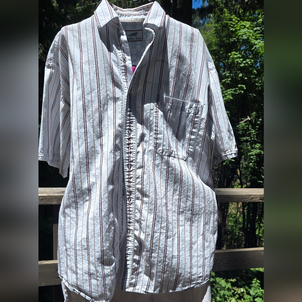 Horny Toad White&Tan Brown Button Down Shirt gently Tested NO Defects SzL - Picture 2 of 9
